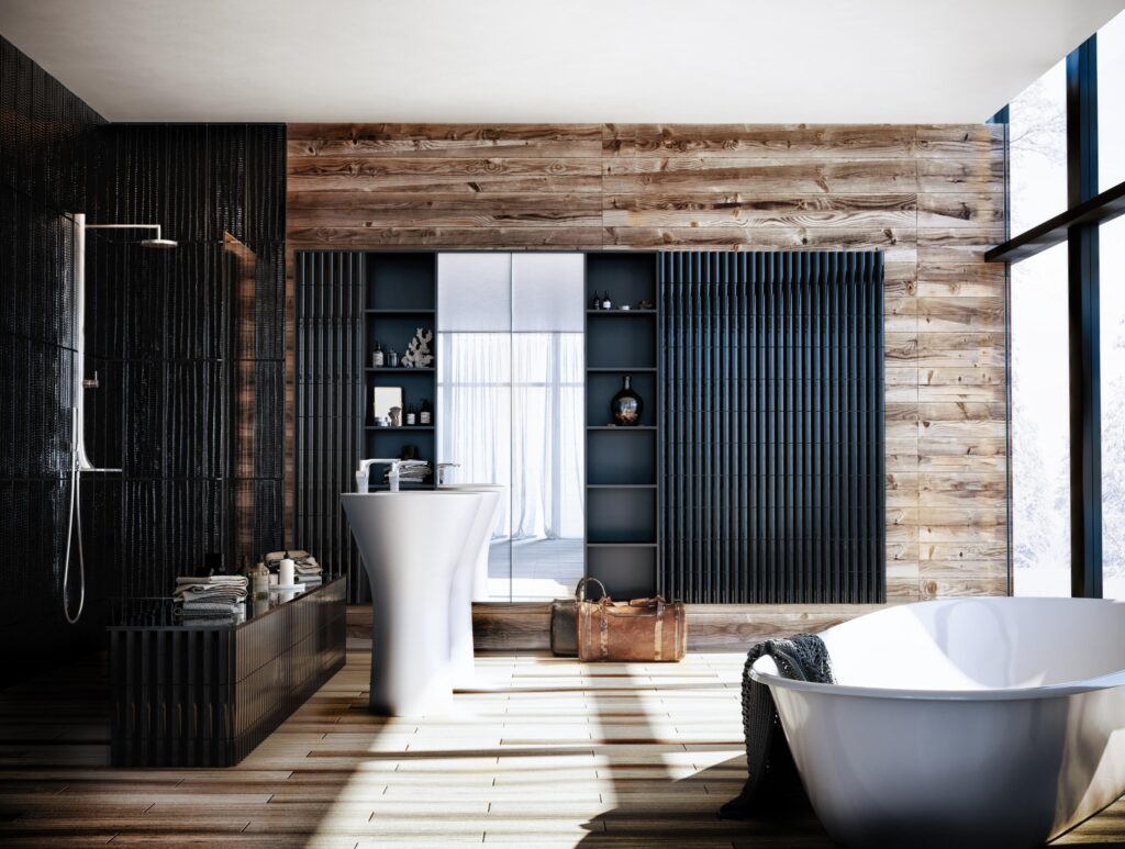 V této koupelně jsou kombinovány 2 druhy obkladů - ve sprchovém koutu jsou obklady PAS, na zadní stěně pak obklady SOAP. Foto zdroj: Kaufmann Keramik